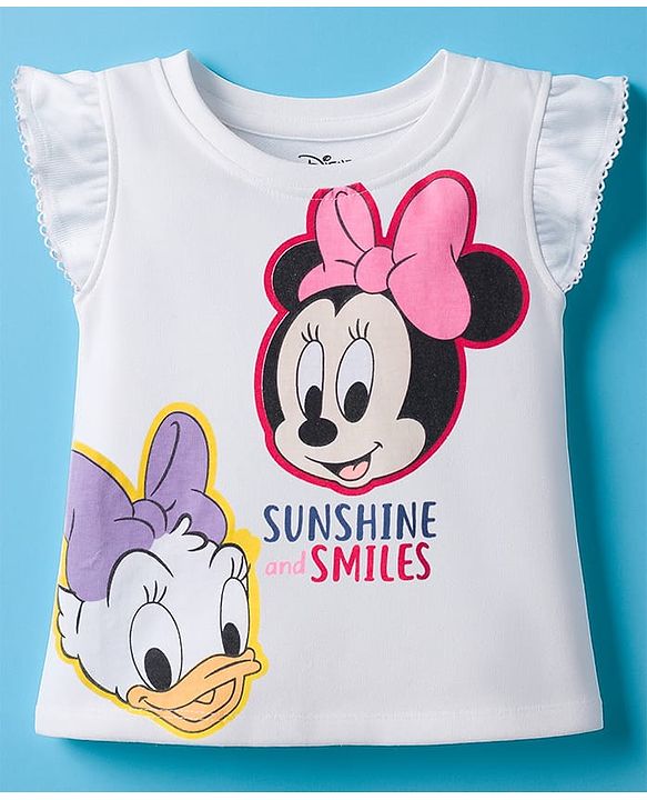 Babyhug Disney Single Jersey Knit Half Frill Sleeves T-Shirt & Shorts Set With Minnie & Friends Graphics - White & Green