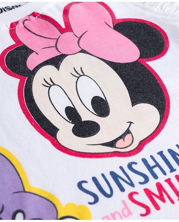 Babyhug Disney Single Jersey Knit Half Frill Sleeves T-Shirt & Shorts Set With Minnie & Friends Graphics - White & Green