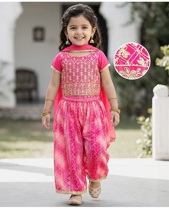Babyhug Woven Half Sleeves Printed & Embroidered Indo Western Set with Dupatta - Pink