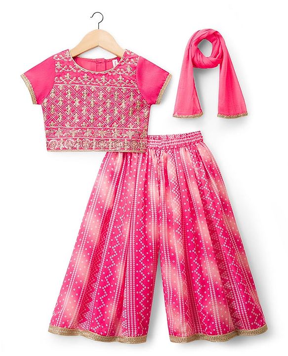 Babyhug Woven Half Sleeves Printed & Embroidered Indo Western Set with Dupatta - Pink
