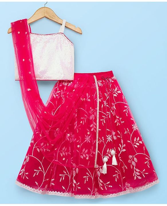 Babyhug Woven Sleeveless Choli Lehenga Set with Dupatta & Sequin Detailing - Dark Pink