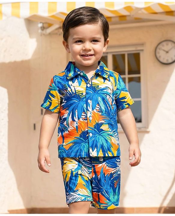 Babyhug Cotton Knit Half Sleeves Tropical Theme Printed Co-ords Shirt & Shorts Set - Navy Blue