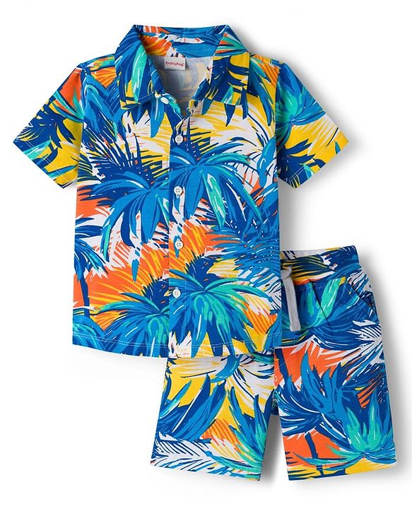 Babyhug Cotton Knit Half Sleeves Tropical Theme Printed Co-ords Shirt & Shorts Set - Navy Blue