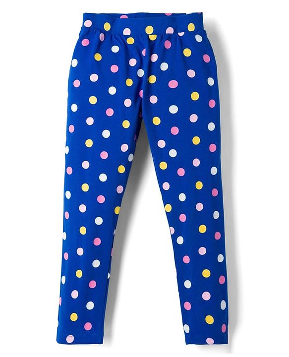 Pine Kids Cotton Lycra Knit Full Length Polka Dots Printed Leggings - Blue