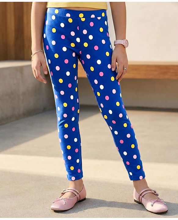 Pine Kids Cotton Lycra Knit Full Length Polka Dots Printed Leggings - Blue