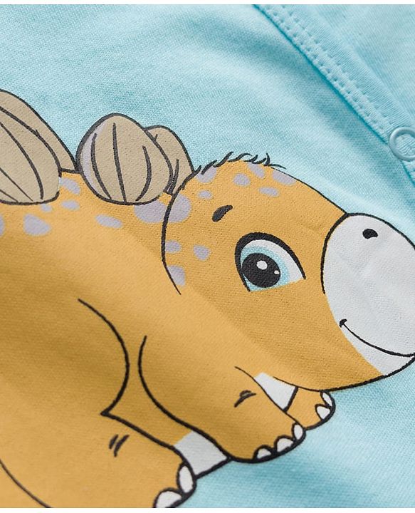Babyhug Cotton Knit Full Sleeves Footed Sleepsuits With Dino Print Pack Of 3 - Light Blue White & Orange