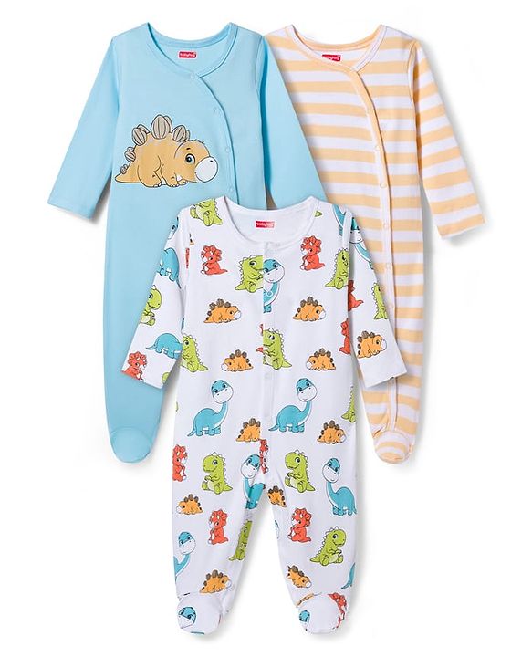 Babyhug Cotton Knit Full Sleeves Footed Sleepsuits With Dino Print Pack Of 3 - Light Blue White & Orange