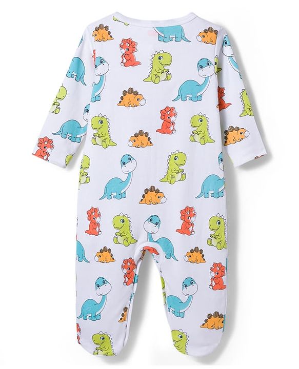 Babyhug Cotton Knit Full Sleeves Footed Sleepsuits With Dino Print Pack Of 3 - Light Blue White & Orange
