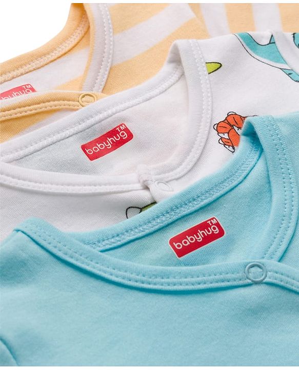 Babyhug Cotton Knit Full Sleeves Footed Sleepsuits With Dino Print Pack Of 3 - Light Blue White & Orange