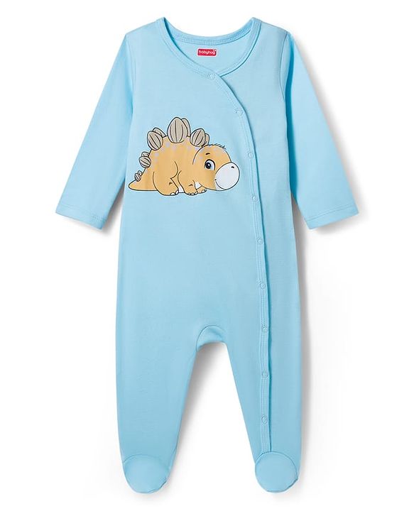 Babyhug Cotton Knit Full Sleeves Footed Sleepsuits With Dino Print Pack Of 3 - Light Blue White & Orange
