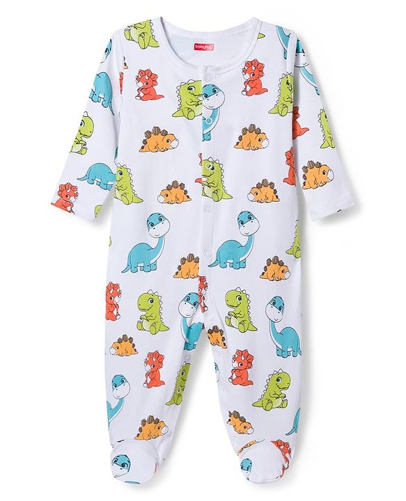Babyhug Cotton Knit Full Sleeves Footed Sleepsuits With Dino Print Pack Of 3 - Light Blue White & Orange