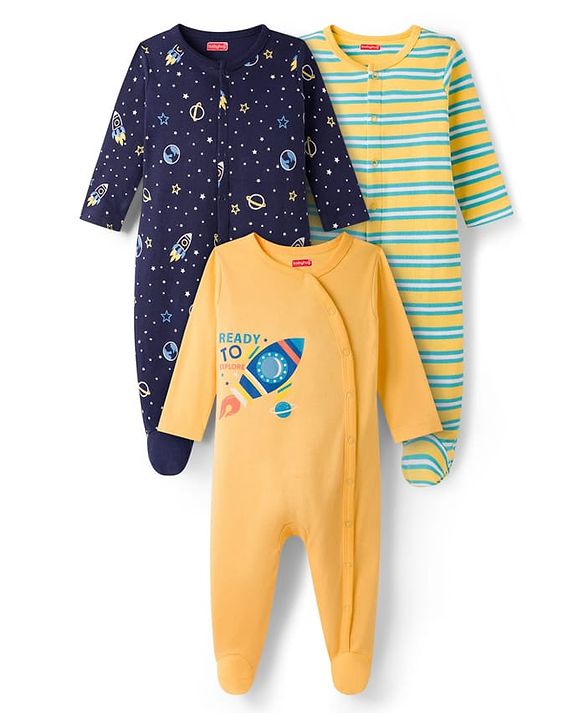Babyhug Cotton Knit Full Sleeves Front Open Space Theme Printed & Striped Footed Sleep Suits Pack of 3 - Multi Colour