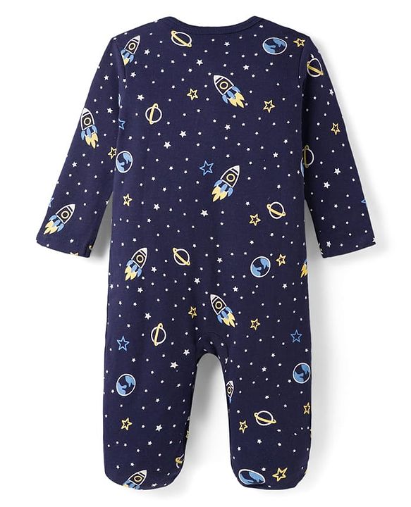 Babyhug Cotton Knit Full Sleeves Front Open Space Theme Printed & Striped Footed Sleep Suits Pack of 3 - Multi Colour