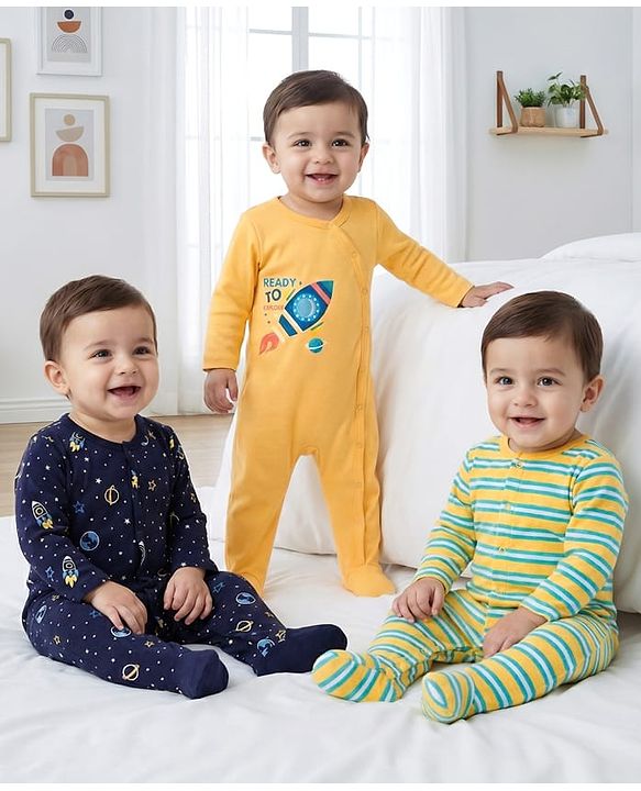 Babyhug Cotton Knit Full Sleeves Front Open Space Theme Printed & Striped Footed Sleep Suits Pack of 3 - Multi Colour