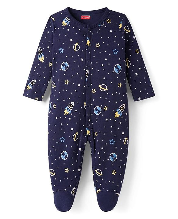 Babyhug Cotton Knit Full Sleeves Front Open Space Theme Printed & Striped Footed Sleep Suits Pack of 3 - Multi Colour