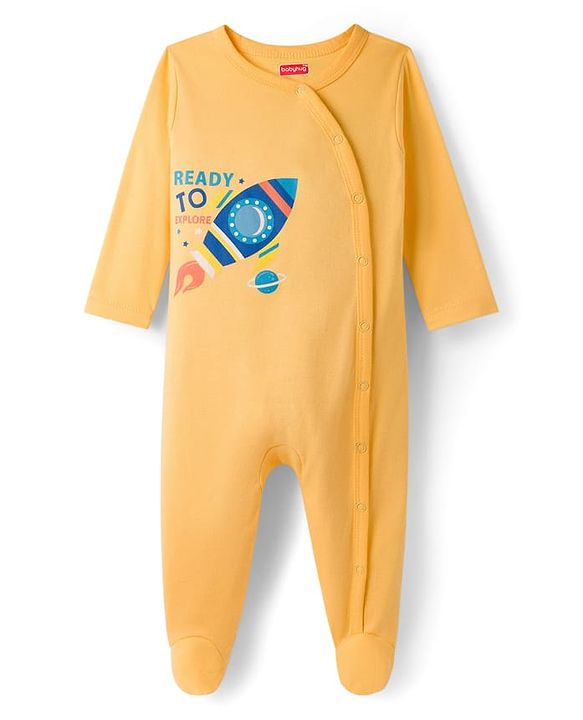 Babyhug Cotton Knit Full Sleeves Front Open Space Theme Printed & Striped Footed Sleep Suits Pack of 3 - Multi Colour