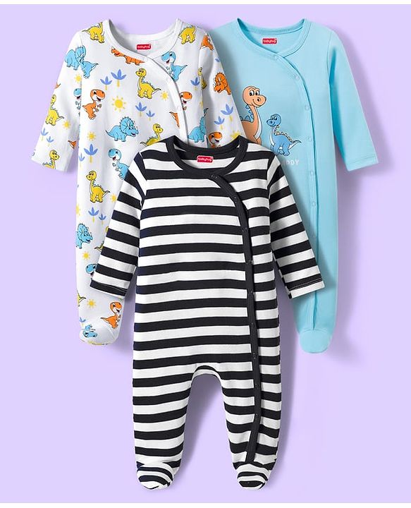 Babyhug Cotton Knit Full Sleeves Footed Sleepsuits With Dino Print Pack Of 3 - Light Blue Black & White