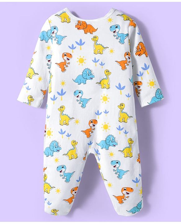 Babyhug Cotton Knit Full Sleeves Footed Sleepsuits With Dino Print Pack Of 3 - Light Blue Black & White
