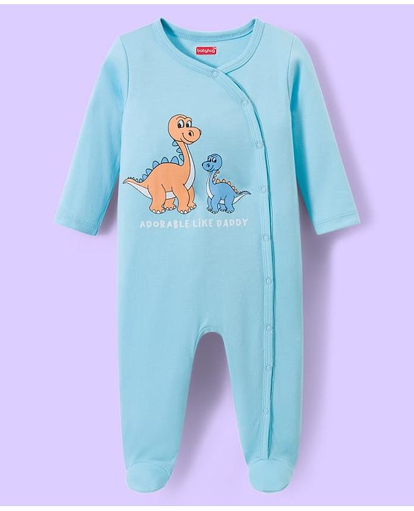 Babyhug Cotton Knit Full Sleeves Footed Sleepsuits With Dino Print Pack Of 3 - Light Blue Black & White