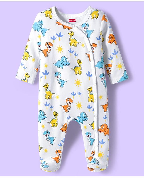 Babyhug Cotton Knit Full Sleeves Footed Sleepsuits With Dino Print Pack Of 3 - Light Blue Black & White