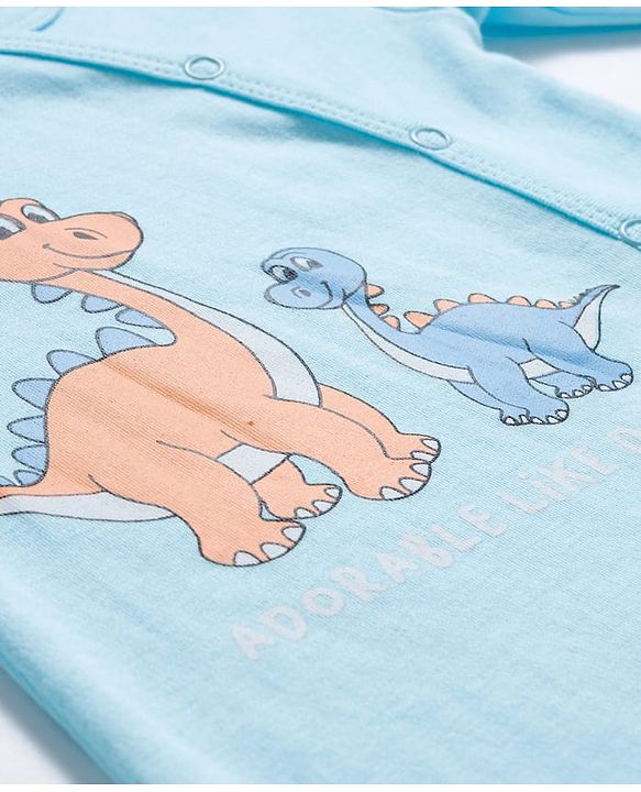 Babyhug Cotton Knit Full Sleeves Footed Sleepsuits With Dino Print Pack Of 3 - Light Blue Black & White
