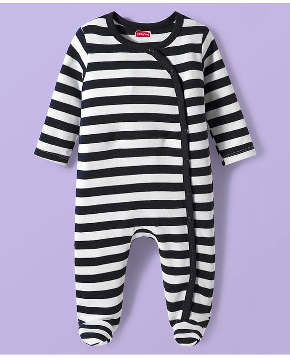 Babyhug Cotton Knit Full Sleeves Footed Sleepsuits With Dino Print Pack Of 3 - Light Blue Black & White