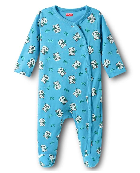 Babyhug Cotton Knit Full Sleeves Footed Sleepsuits With Panda Print Pack Of 3 - Limegreen Light Blue & Aqua
