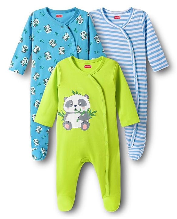 Babyhug Cotton Knit Full Sleeves Footed Sleepsuits With Panda Print Pack Of 3 - Limegreen Light Blue & Aqua