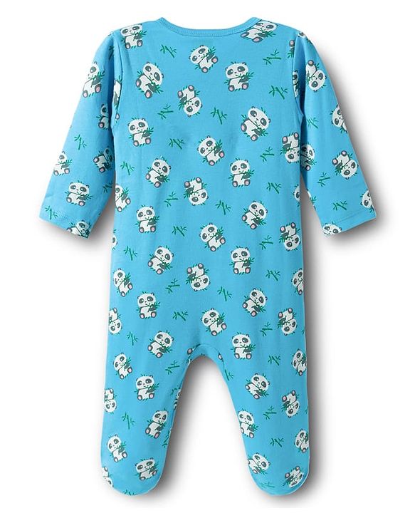 Babyhug Cotton Knit Full Sleeves Footed Sleepsuits With Panda Print Pack Of 3 - Limegreen Light Blue & Aqua