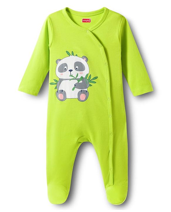 Babyhug Cotton Knit Full Sleeves Footed Sleepsuits With Panda Print Pack Of 3 - Limegreen Light Blue & Aqua