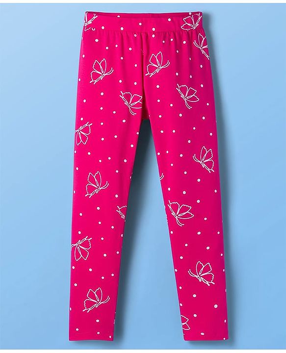 Pine Kids Cotton Lycra Knit Full Length Leggings With Polka Dots - Fuschia