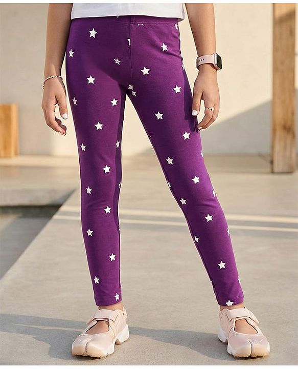 Pine Kids Cotton Lycra Knit Full Length Star Printed Leggings - Purple