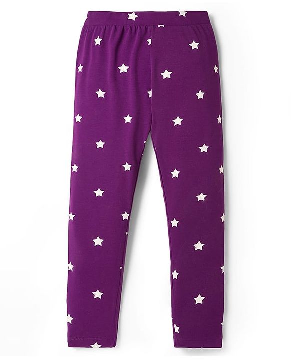Pine Kids Cotton Lycra Knit Full Length Star Printed Leggings - Purple