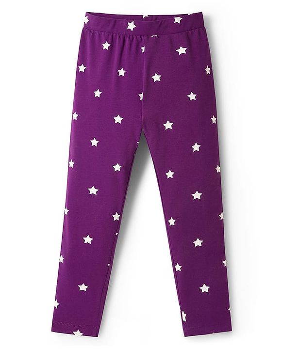 Pine Kids Cotton Lycra Knit Full Length Star Printed Leggings - Purple
