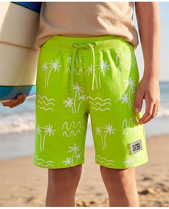 Pine Kids Looper Knit Shorts With Tree Print - Lime Green