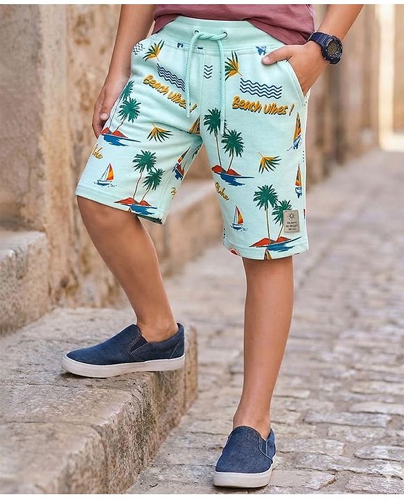 Pine Kids Looper Knit Shorts with Beach Theme Print - Sea Green