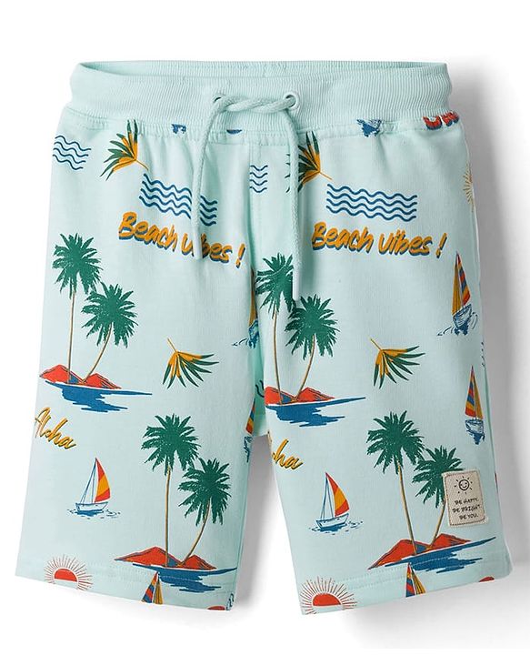 Pine Kids Looper Knit Shorts with Beach Theme Print - Sea Green