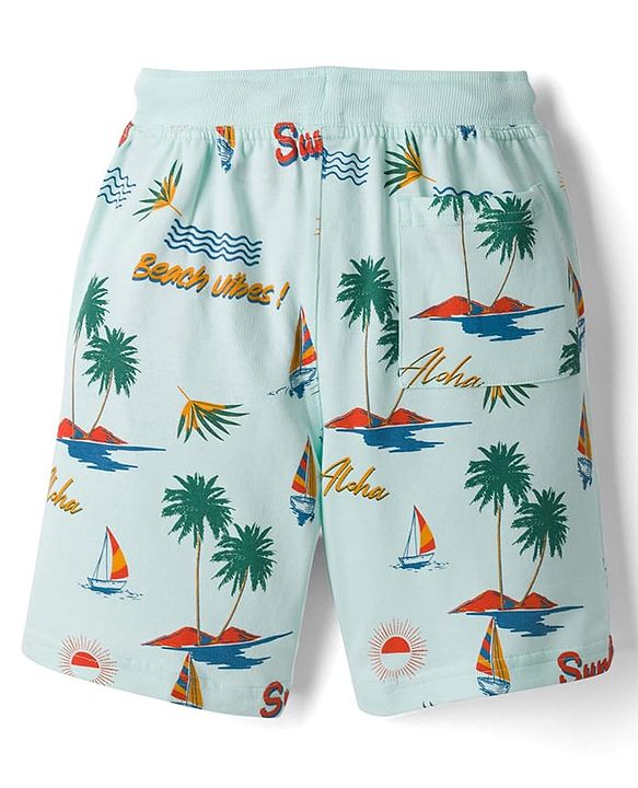 Pine Kids Looper Knit Shorts with Beach Theme Print - Sea Green