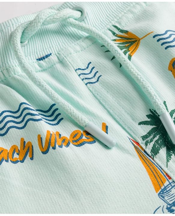 Pine Kids Looper Knit Shorts with Beach Theme Print - Sea Green