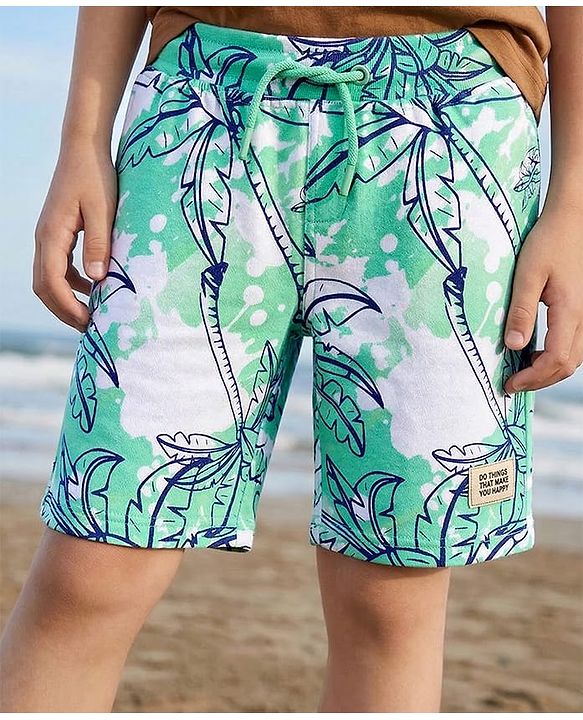 Pine Kids Looper Knit Knee Length Shorts with Tropical Theme Print - Multicolor