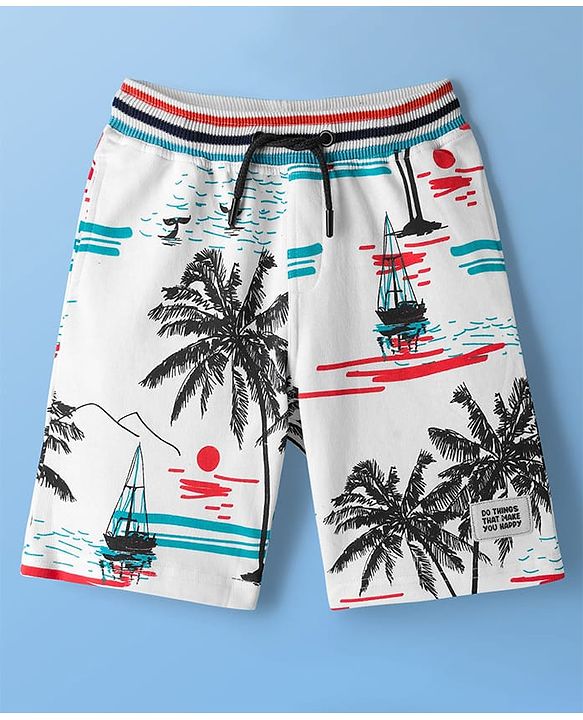 Pine Kids Looper Shorts With Beach Theme Print - White