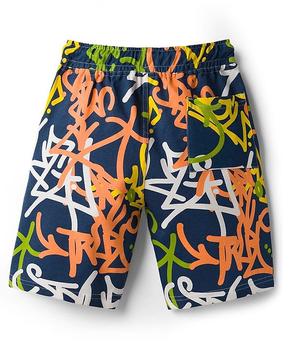 Pine Kids Looper Knit Knee Length Printed Shorts - Navy Blue & White