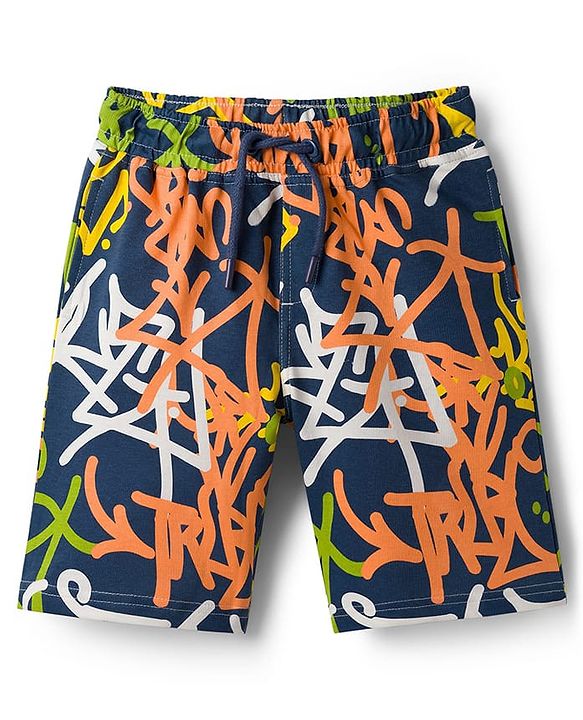 Pine Kids Looper Knit Knee Length Printed Shorts - Navy Blue & White