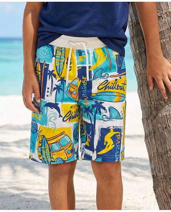 Pine Kids Looper Shorts with Beach Theme Print - Multicolor