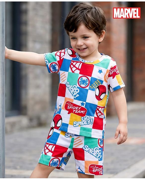 Babyhug Marvel Single Jersey Knit Half Sleeves Co-ords T-Shirt & Shorts Set with Spiderman Graphic - Multicolor