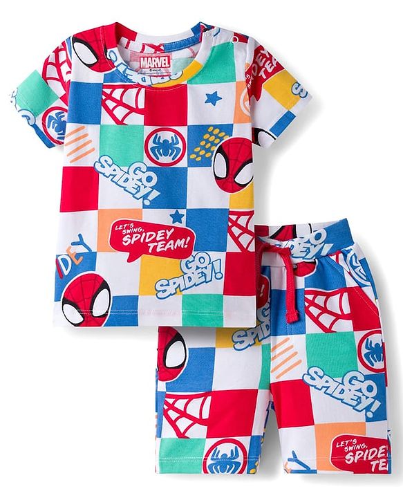 Babyhug Marvel Single Jersey Knit Half Sleeves Co-ords T-Shirt & Shorts Set with Spiderman Graphic - Multicolor