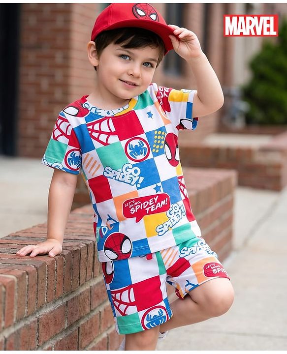 Babyhug Marvel Single Jersey Knit Half Sleeves Co-ords T-Shirt & Shorts Set with Spiderman Graphic - Multicolor