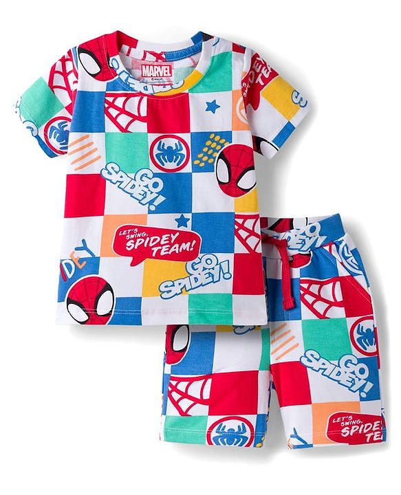 Babyhug Marvel Single Jersey Knit Half Sleeves Co-ords T-Shirt & Shorts Set with Spiderman Graphic - Multicolor