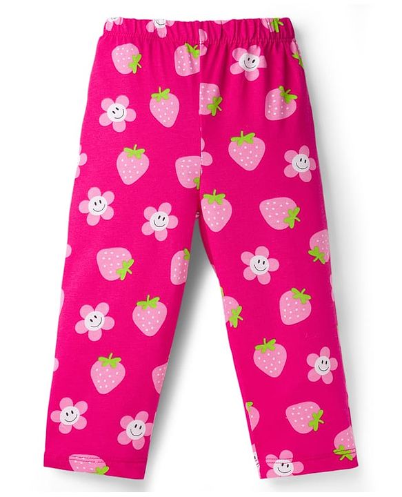 Babyhug Cotton Knit Full Sleeves Co-ord Night Suit With Floral & Strawberry Print - Dark Pink