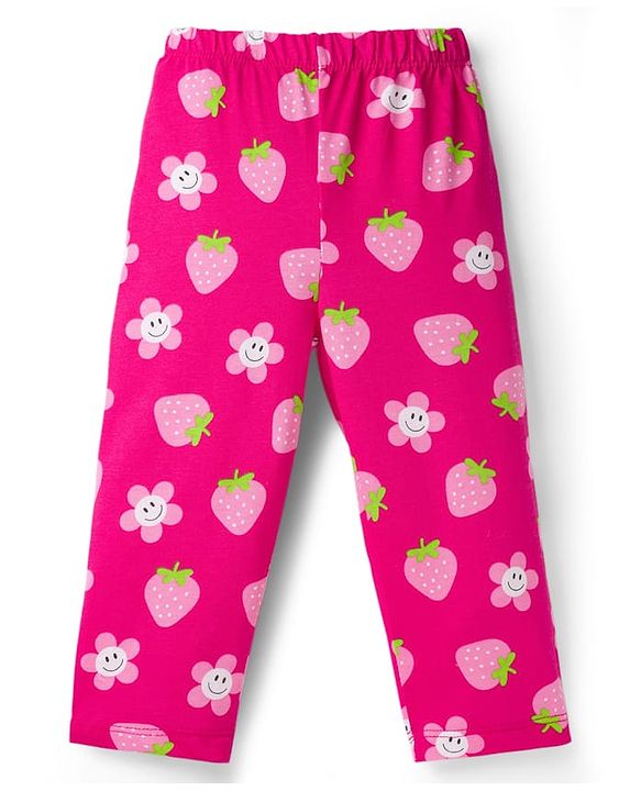 Babyhug Cotton Knit Full Sleeves Co-ord Night Suit With Floral & Strawberry Print - Dark Pink